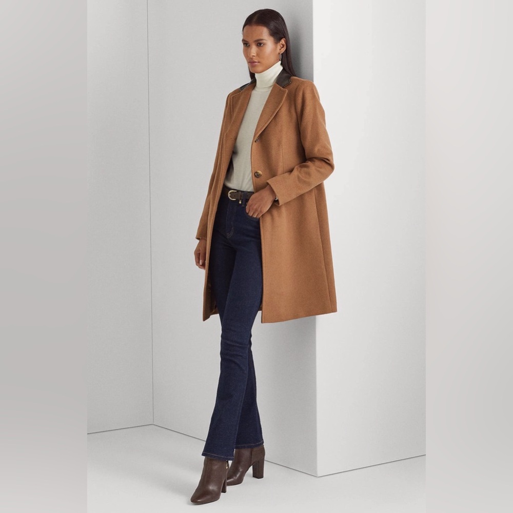 Ralph Lauren faux leather Trim wool coat